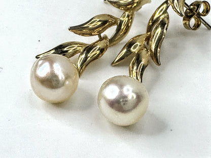 Vintage 14K Yellow Gold Leaf Drop Dangle Earrings with Baroque Pearls JR1675