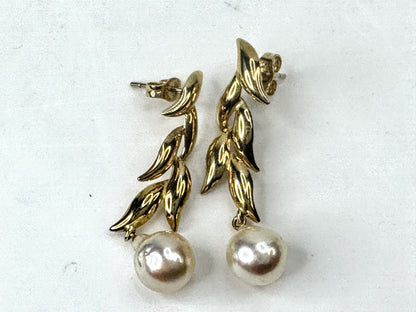 Vintage 14K Yellow Gold Leaf Drop Dangle Earrings with Baroque Pearls JR1675