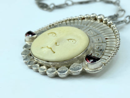 Sajen Aztec Face with Headdress Garnet gem ornate filigree link necklace JR1029