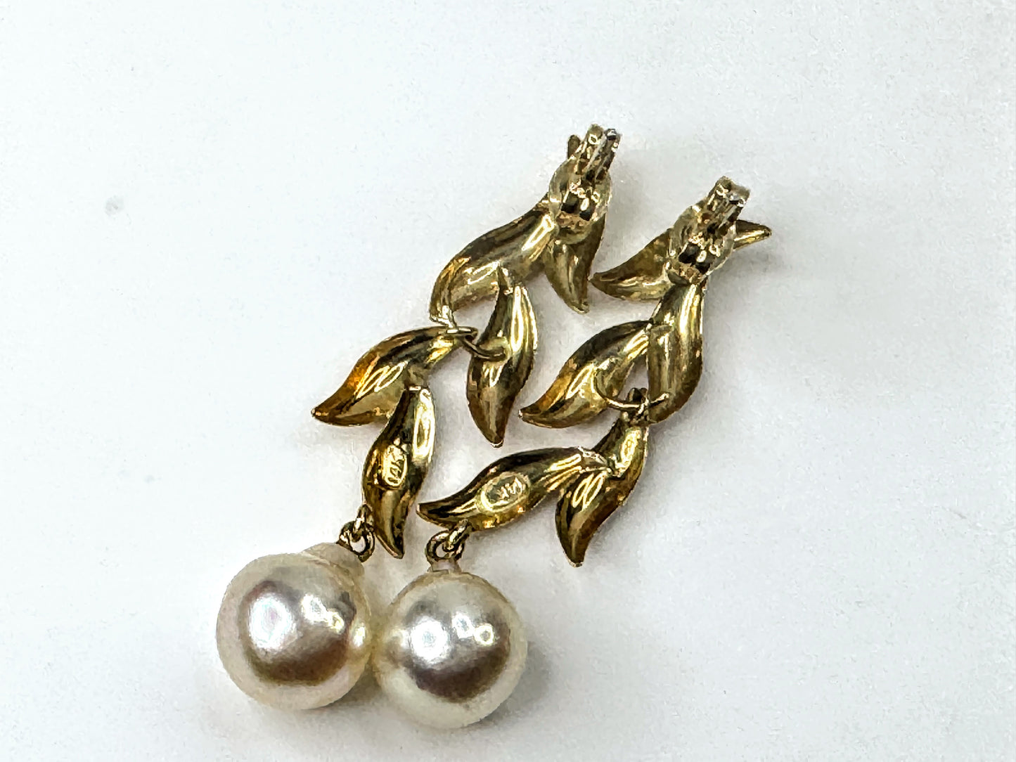 Vintage 14K Yellow Gold Leaf Drop Dangle Earrings with Baroque Pearls JR1675