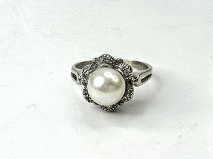 Antique 18K White Gold Pearl Diamond Accent Ring Edwardian Style Sz 5 JR1676