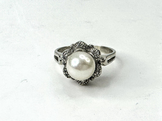 Antique 18K White Gold Pearl Diamond Accent Ring Edwardian Style Sz 5 JR1676