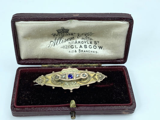 Antique Etruscan 10K gold bar sapphire seed pearl pin in box 1 5/8" 3.6g JR1030