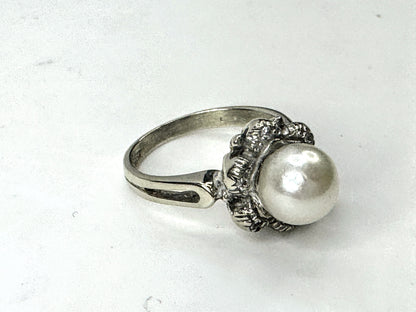Antique 18K White Gold Pearl Diamond Accent Ring Edwardian Style Sz 5 JR1676