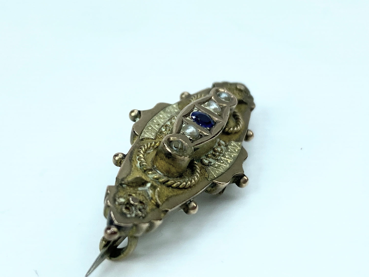 Antique Etruscan 10K gold bar sapphire seed pearl pin in box 1 5/8" 3.6g JR1030