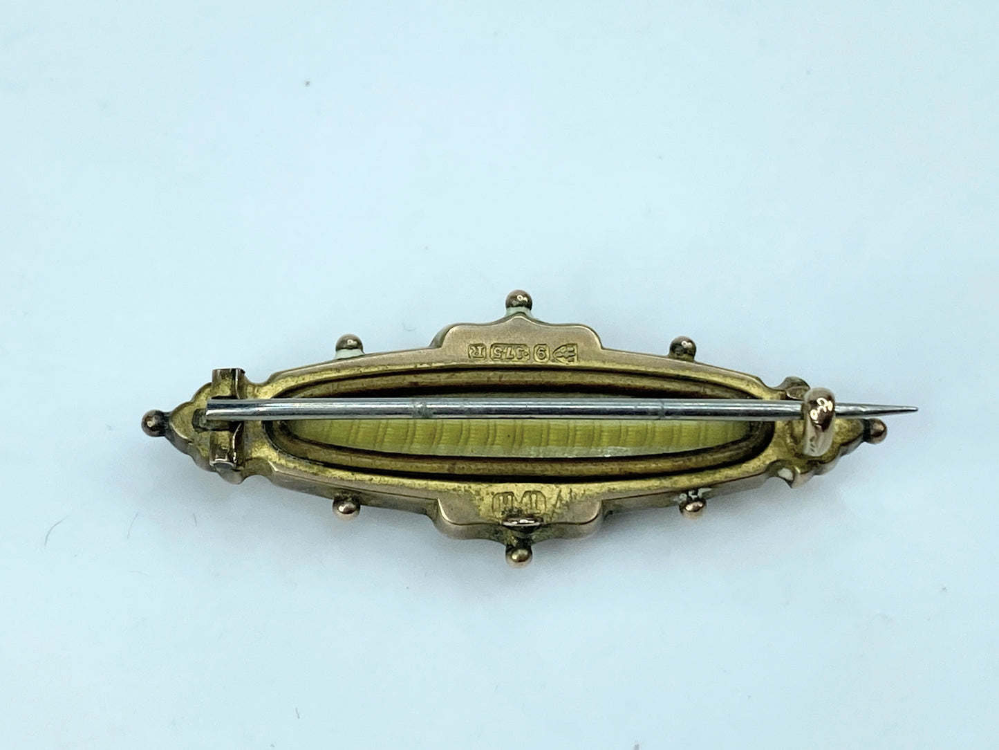 Antique Etruscan 10K gold bar sapphire seed pearl pin in box 1 5/8" 3.6g JR1030