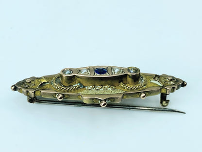 Antique Etruscan 10K gold bar sapphire seed pearl pin in box 1 5/8" 3.6g JR1030
