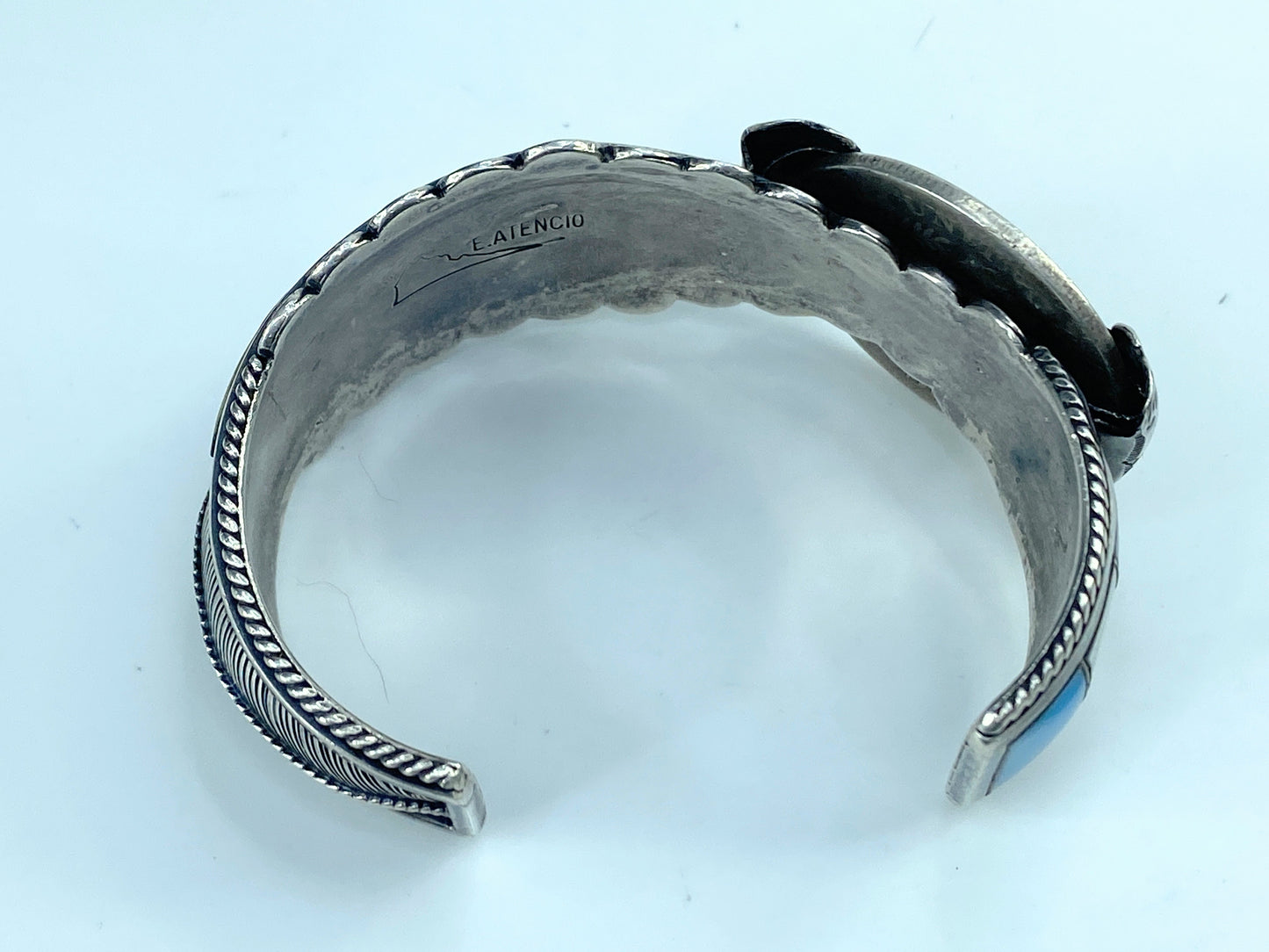 Signed E Atencio sterling gem inlay cuff with Morgan silver dollar 52.2g JR9356