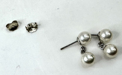 Mid Century 14K white Gold Double Cultured Pearl dangle Stud Earrings JR1678