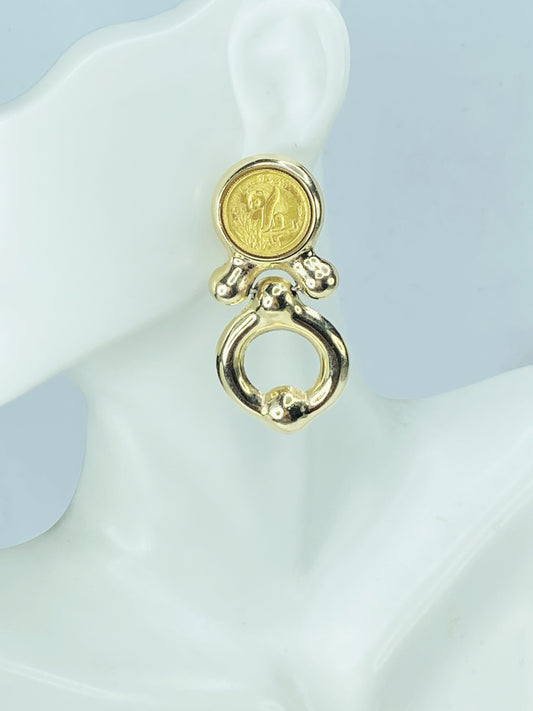 14K yellow Gold Panda Coin Drop Earrings with French Backing 13.2g JR1140
