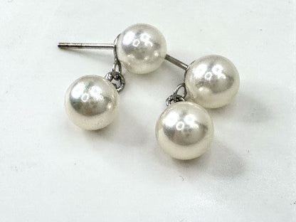 Mid Century 14K white Gold Double Cultured Pearl dangle Stud Earrings JR1678