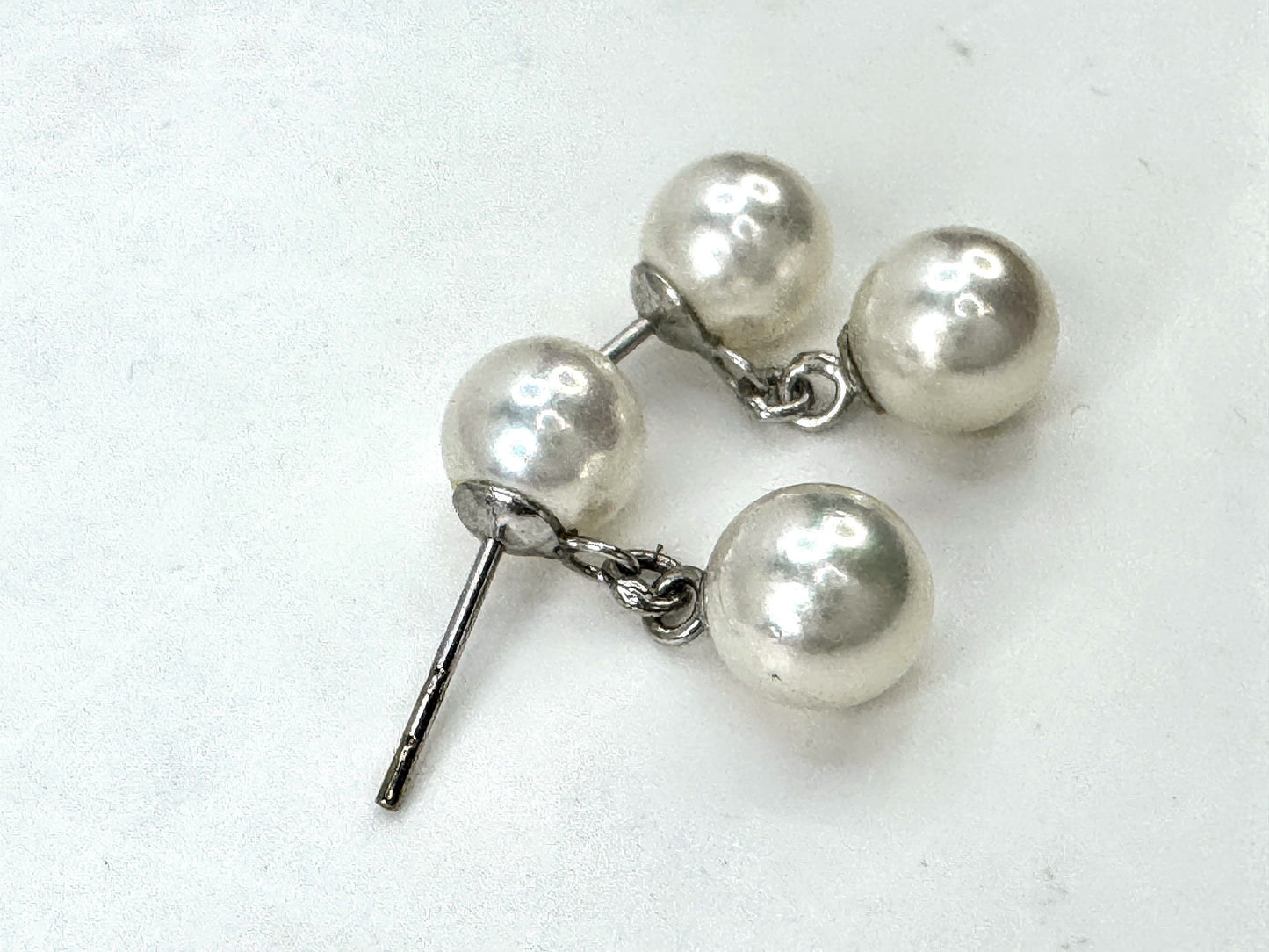 Mid Century 14K white Gold Double Cultured Pearl dangle Stud Earrings JR1678