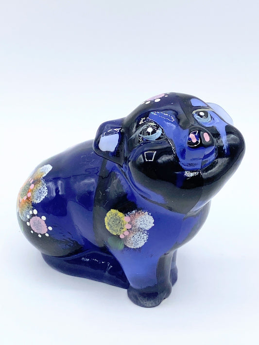 FENTON dark blue glass custom ordered pig with hand painted flowers Signed A270