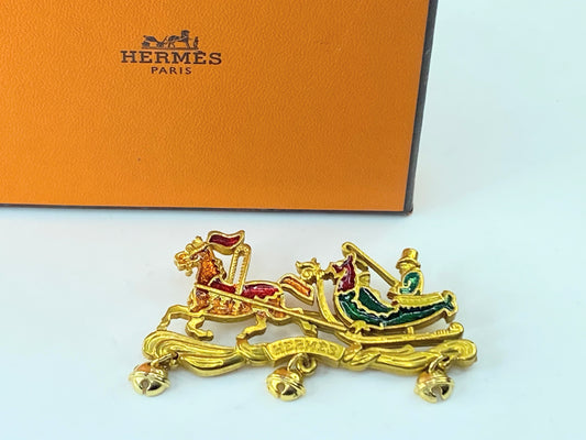 Hermès Carriage Red Golden Green Orange emerald brooch 2.75" GS411