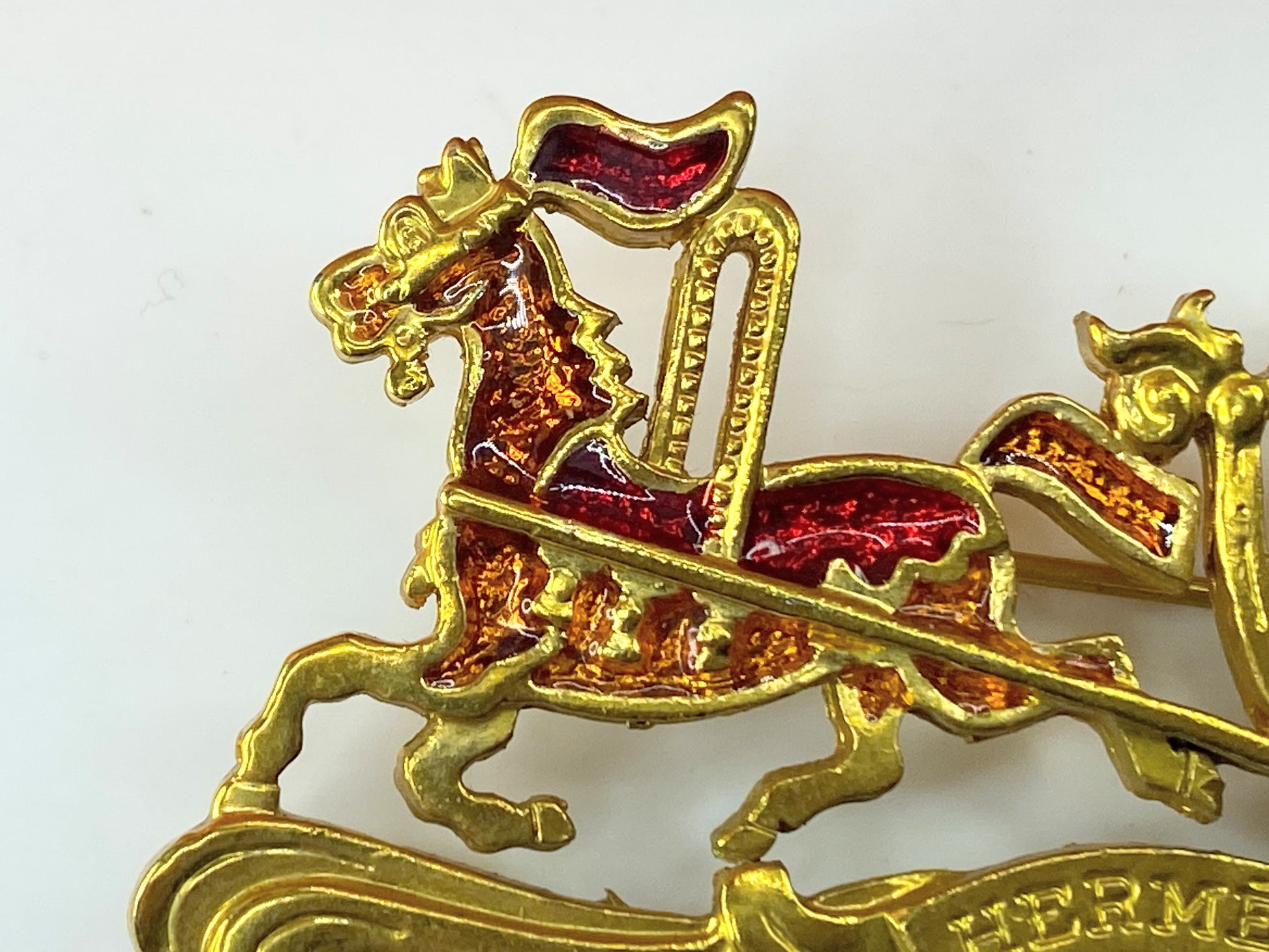 Hermès Carriage Red Golden Green Orange emerald brooch 2.75" GS411