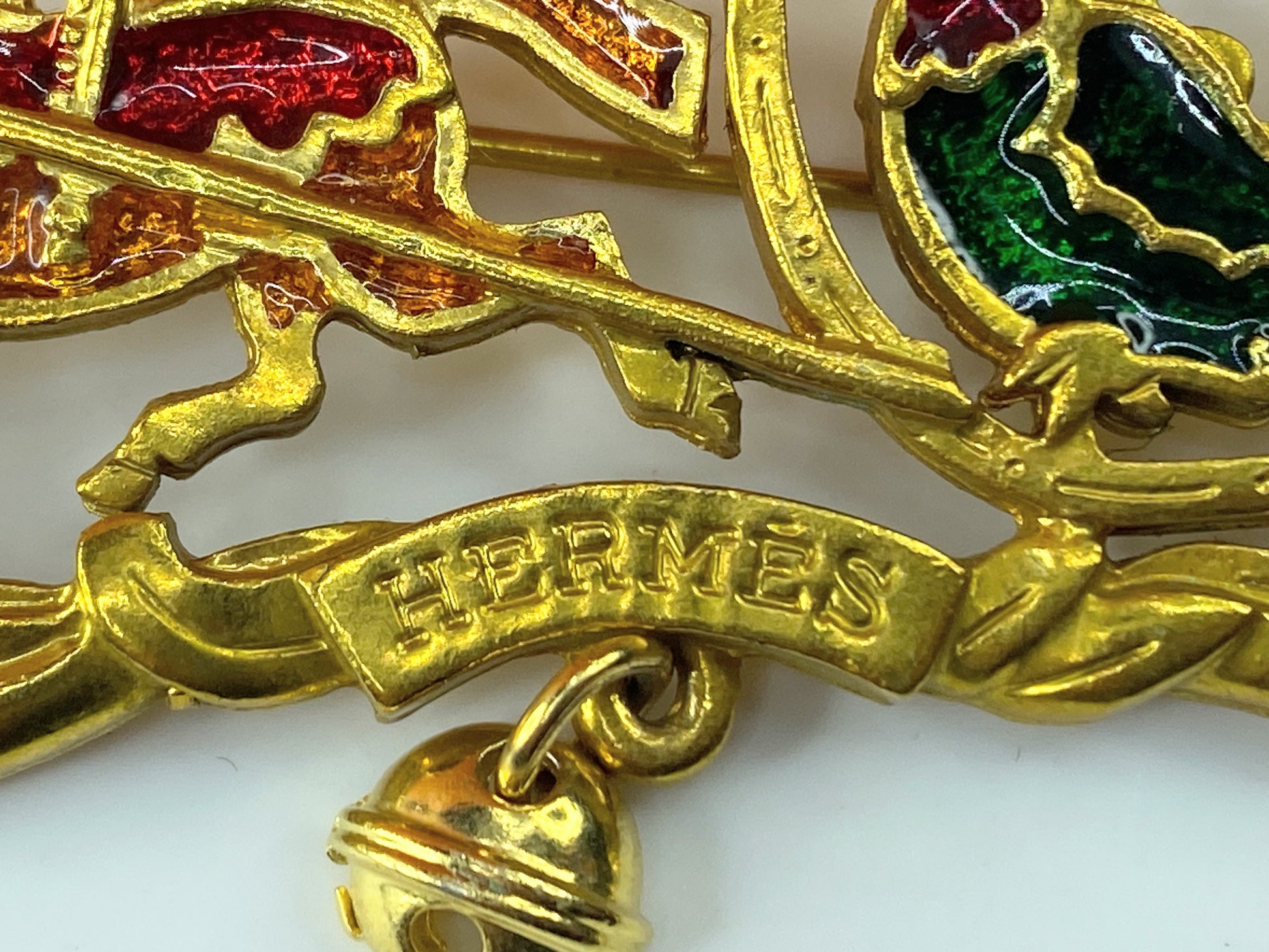 Hermès Carriage Red Golden Green Orange emerald brooch 2.75" GS411