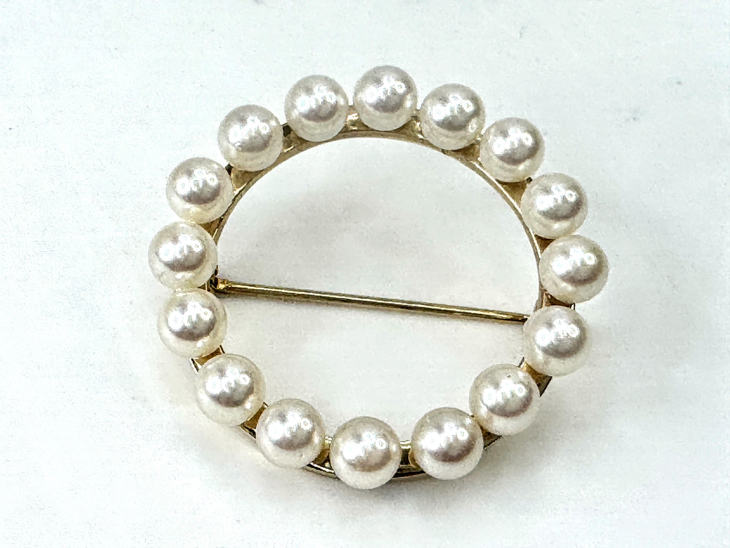 Vintage 14K Gold Cultured Pearl Circle Wreath Brooch Pin JR1683