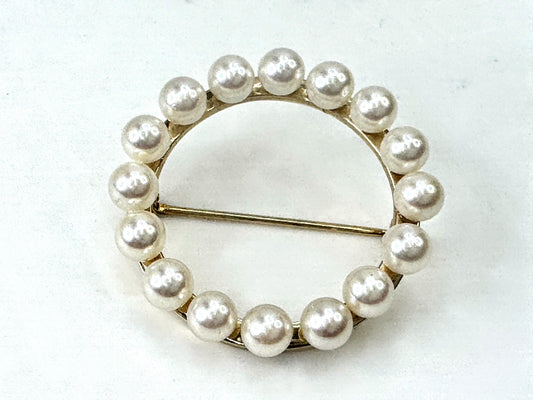 Vintage 14K Gold Cultured Pearl Circle Wreath Brooch Pin JR1683