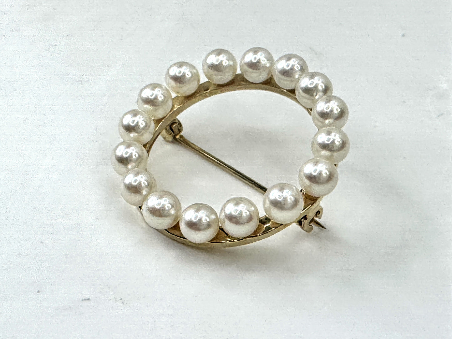 Vintage 14K Gold Cultured Pearl Circle Wreath Brooch Pin JR1683