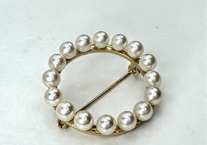 Vintage 14K Gold Cultured Pearl Circle Wreath Brooch Pin JR1683