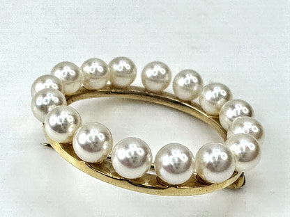 Vintage 14K Gold Cultured Pearl Circle Wreath Brooch Pin JR1683
