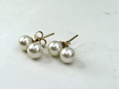 Vintage Mid-Century 14K Yellow Gold Double Pearl Stud Earrings Pair JR1684