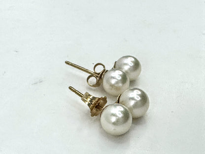 Vintage Mid-Century 14K Yellow Gold Double Pearl Stud Earrings Pair JR1684