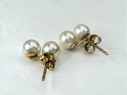 Vintage Mid-Century 14K Yellow Gold Double Pearl Stud Earrings Pair JR1684