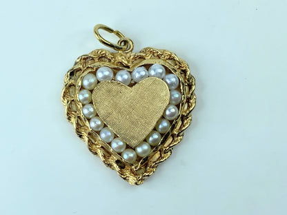 Mid-century 14K yellow gold seed pearl Heart pendant 6.6g JR370