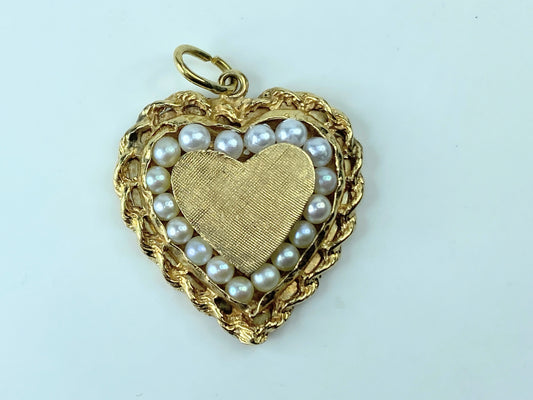 Mid-century 14K yellow gold seed pearl Heart pendant 6.6g JR370