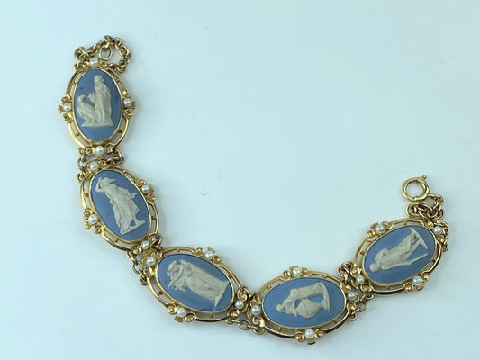 Art Deco England 14K Wedgewood Cameo White Jasper Seed pearl bracelet 7.5" JR377