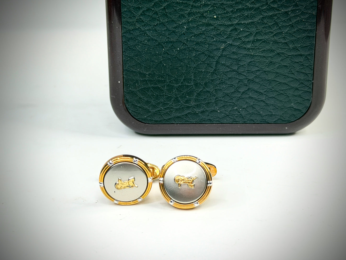 Vintage Celine Macadam Triomphe Gold Tone Round Cufflinks