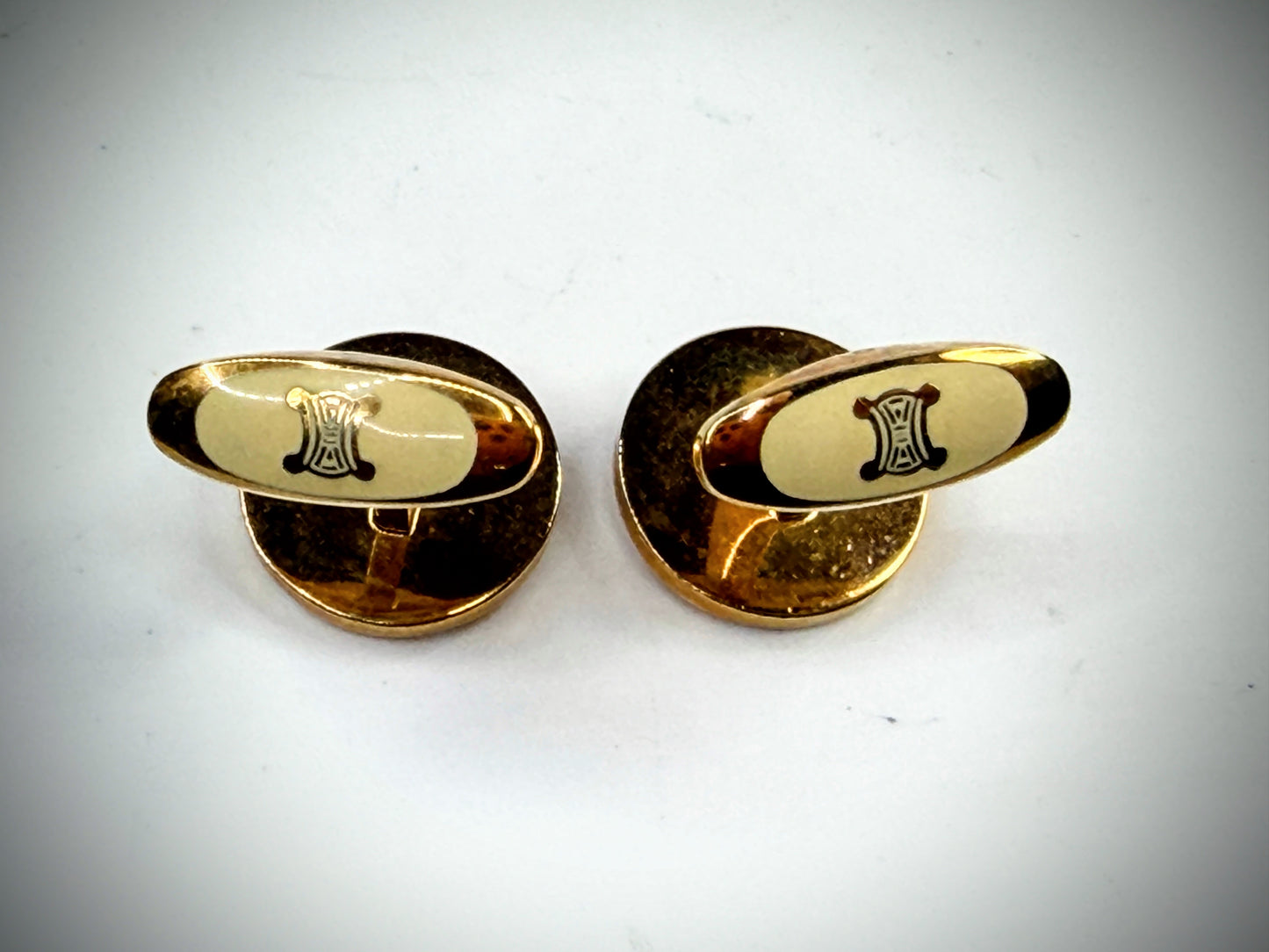 Vintage Celine Macadam Triomphe Gold Tone Round Cufflinks