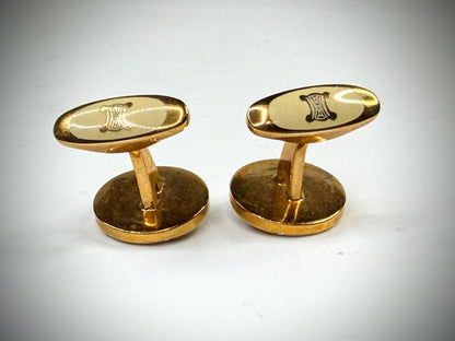Vintage Celine Macadam Triomphe Gold Tone Round Cufflinks