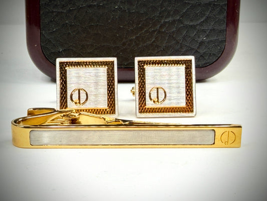 Vintage Dunhill Gold Tone Two Tone Square Cufflinks & Tie Bar Set SS315