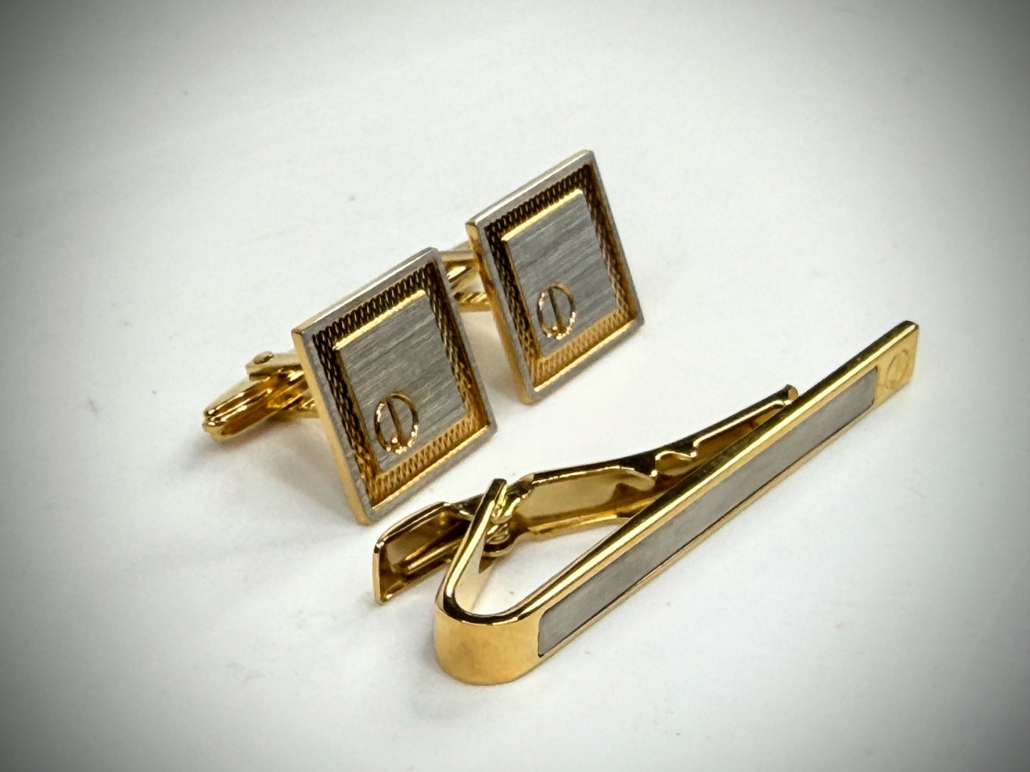 Vintage Dunhill Gold Tone Two Tone Square Cufflinks & Tie Bar Set SS315