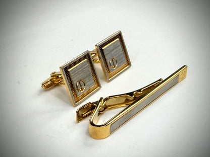 Vintage Dunhill Gold Tone Two Tone Square Cufflinks & Tie Bar Set SS315