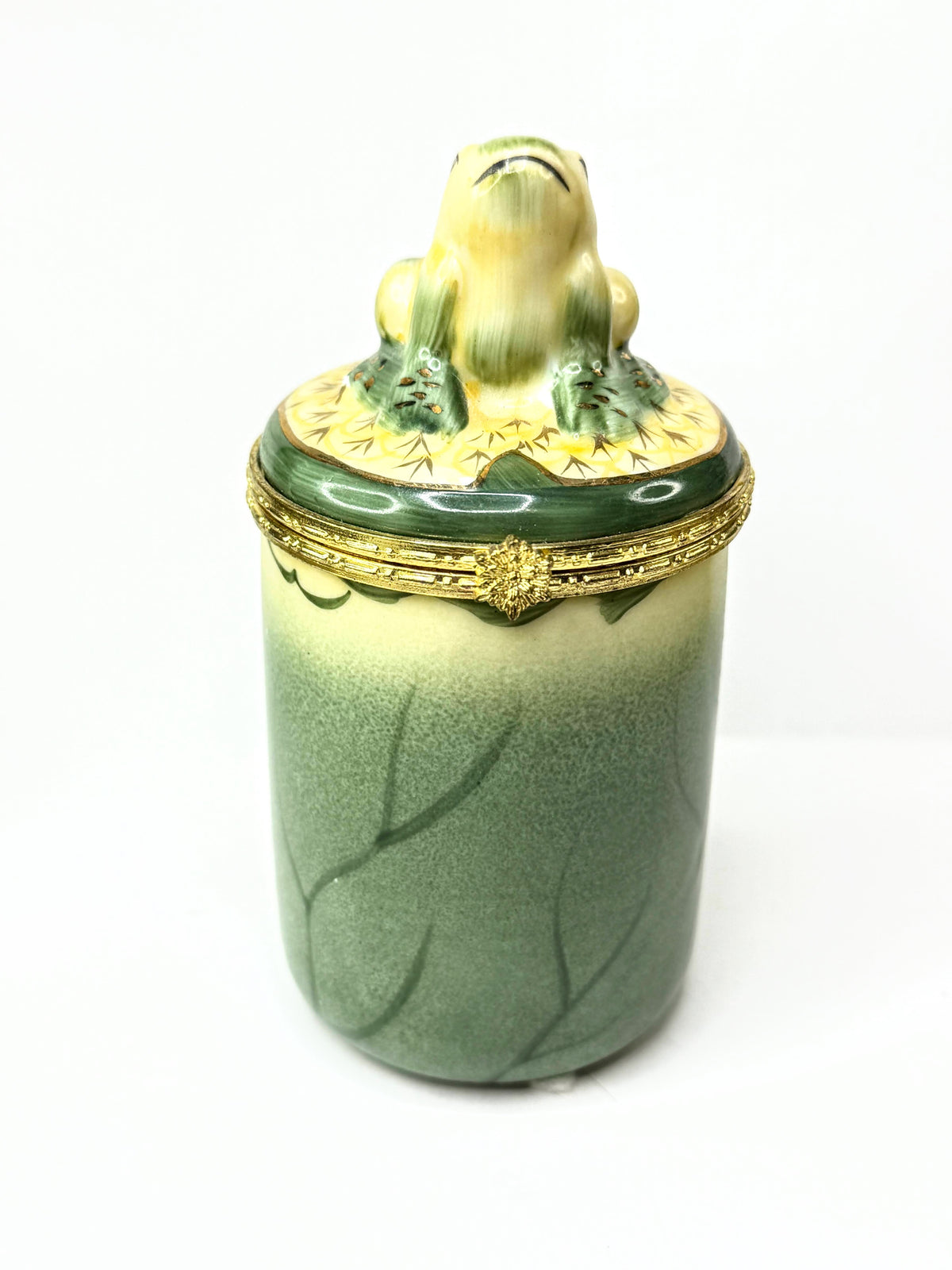 Green Porcelain Frog Figurine Candle Holder Trinket Box 4.5" XN144