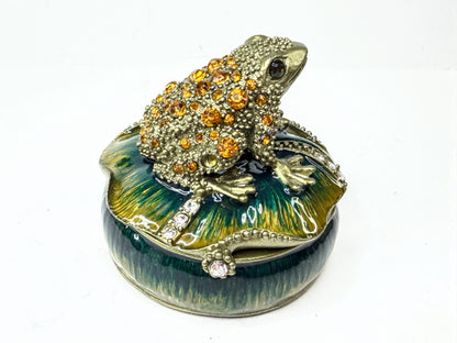 Vintage Enameled Crystal Frog on Lily Pad Hinged Trinket Box XN145