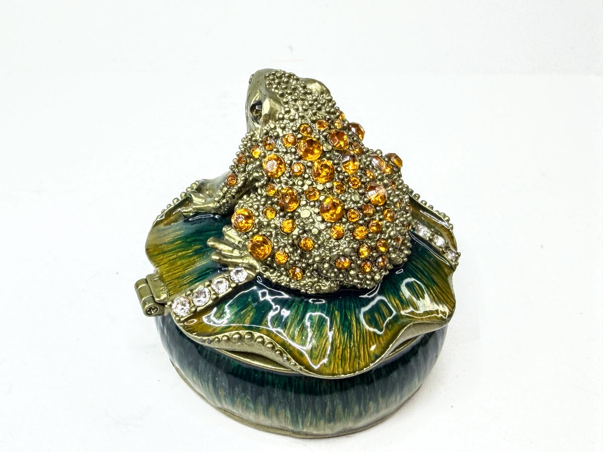 Vintage Enameled Crystal Frog on Lily Pad Hinged Trinket Box XN145