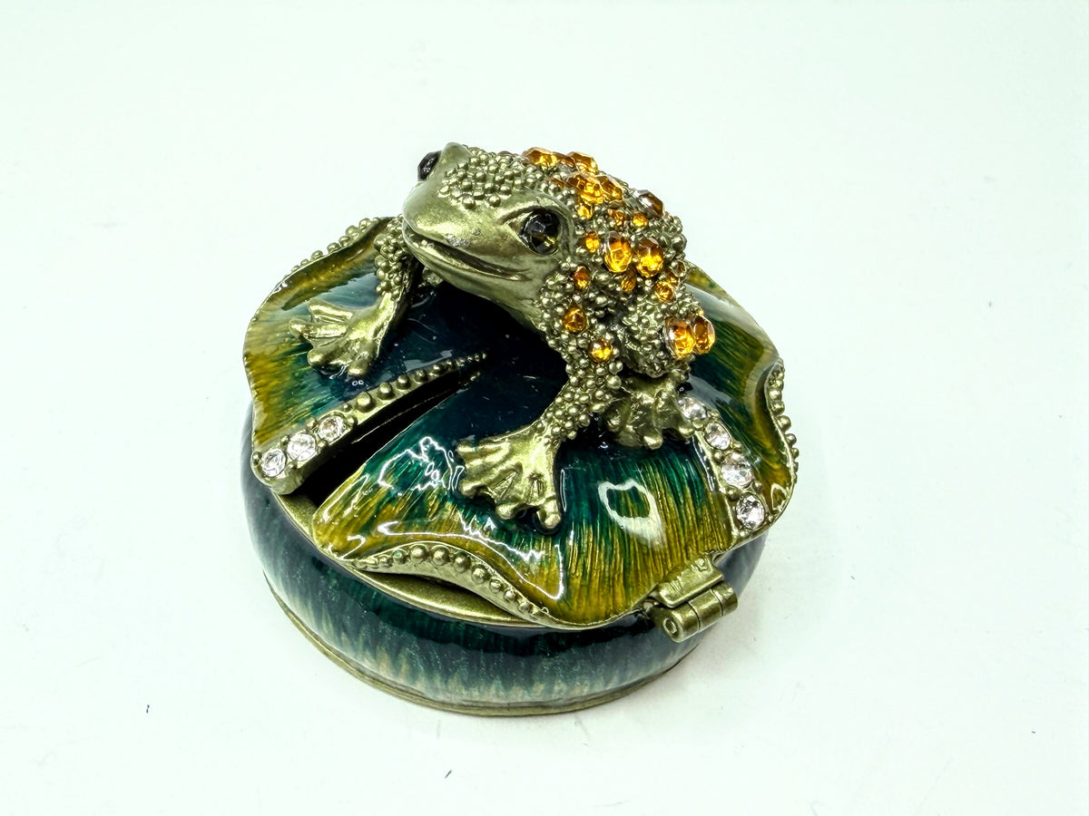 Vintage Enameled Crystal Frog on Lily Pad Hinged Trinket Box XN145