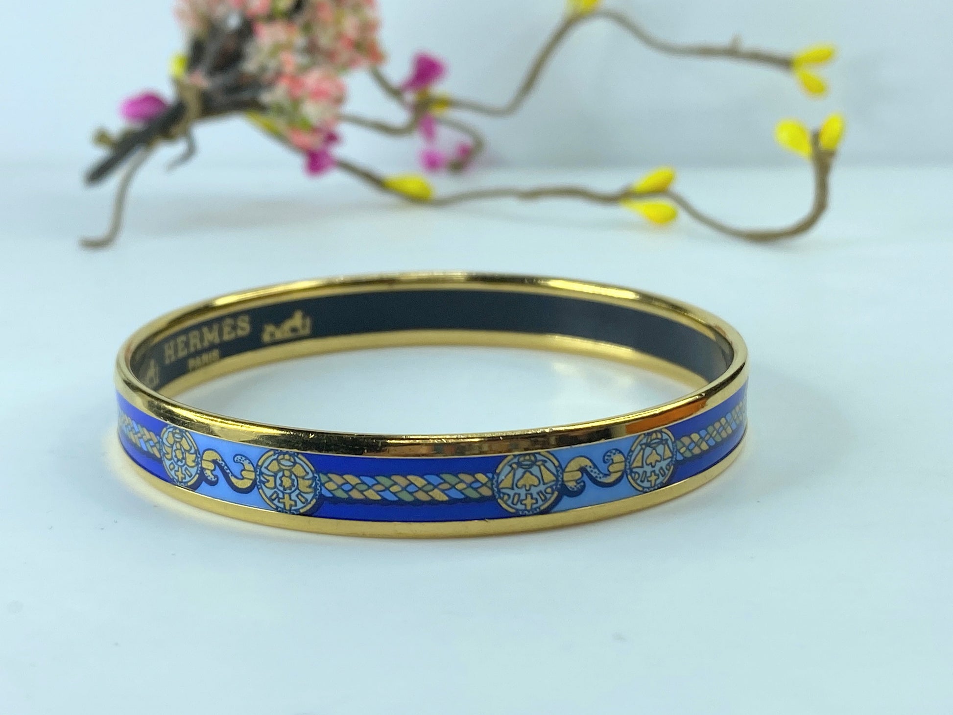 Hermes Enamel Printed Celestial Mythology Narrow Bracelet 70 Bleu GS416