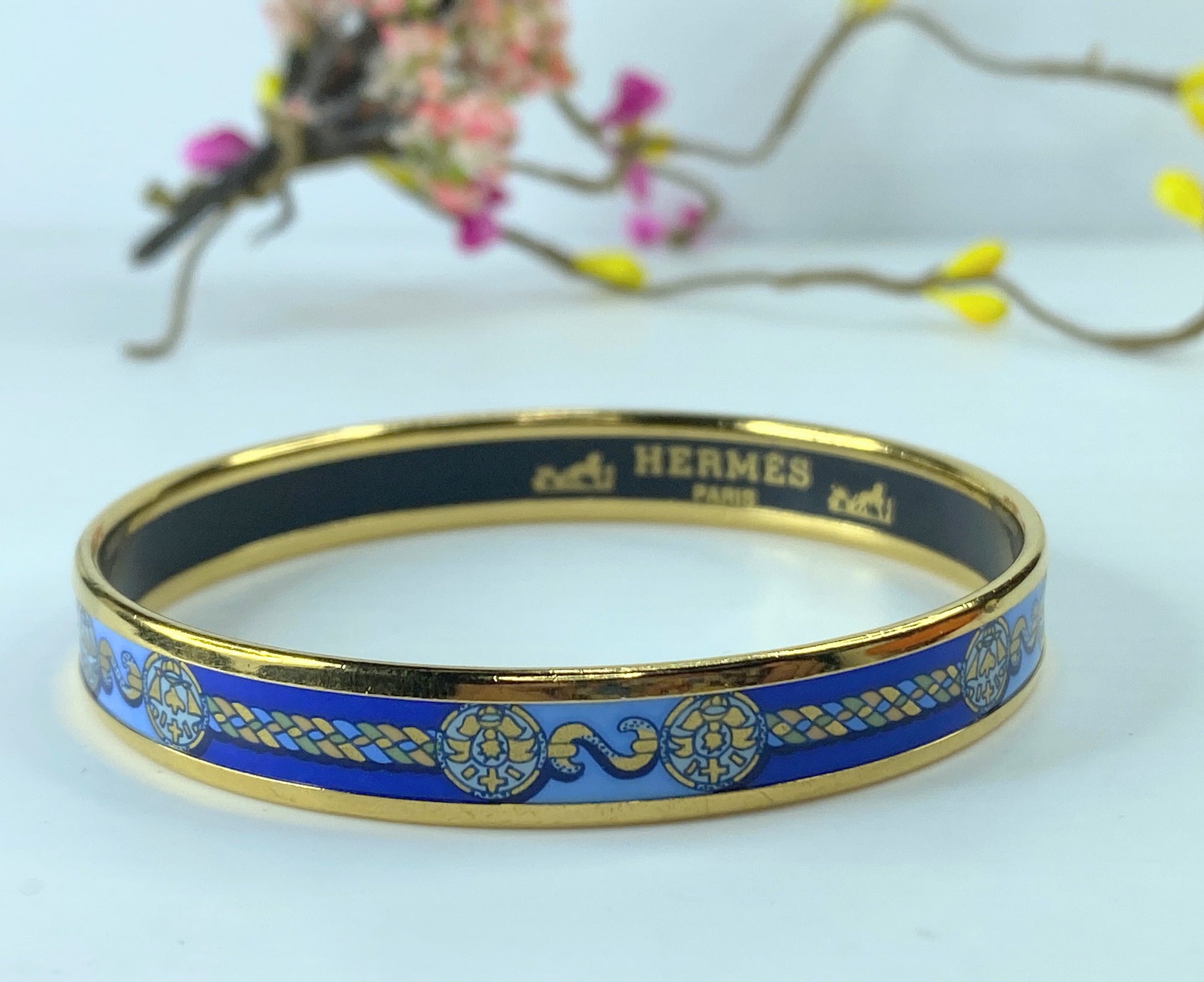 Hermes Enamel Printed Celestial Mythology Narrow Bracelet 70 Bleu GS416