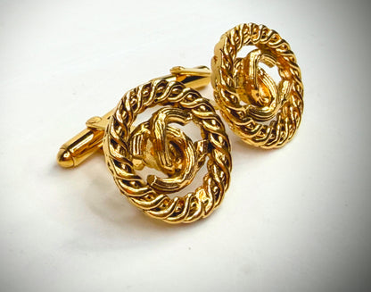 Vintage Chanel Gold Tone Round Logo Cufflinks SS322