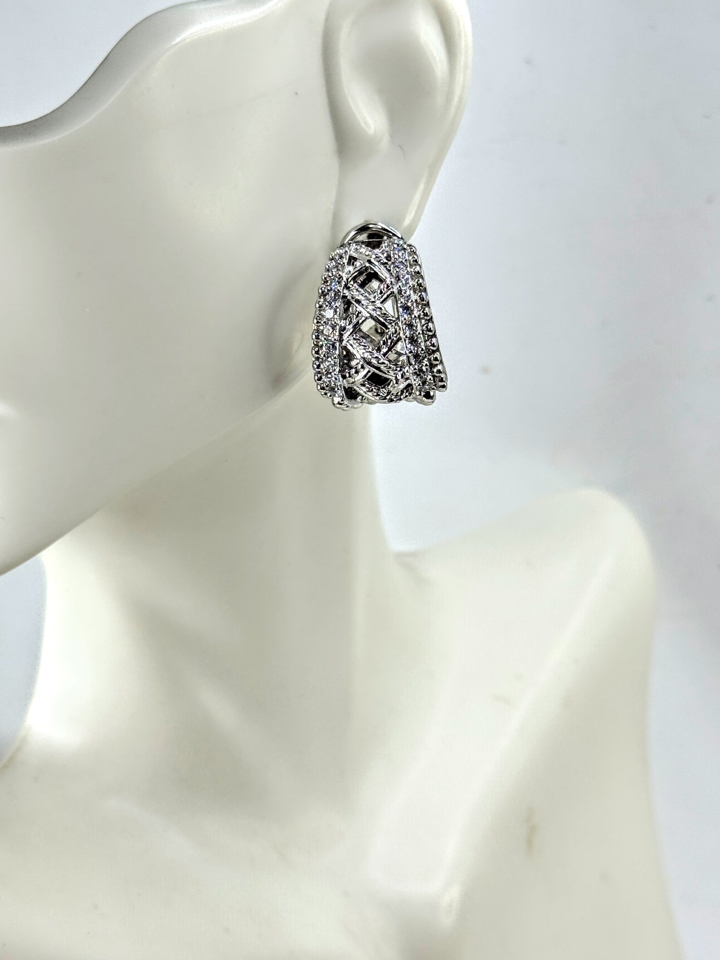 Vintage Judith Ripka Sterling Silver Pave CZ Wide Hoop Earrings JR1698