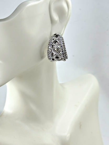 Vintage Judith Ripka Sterling Silver Pave CZ Wide Hoop Earrings JR1698