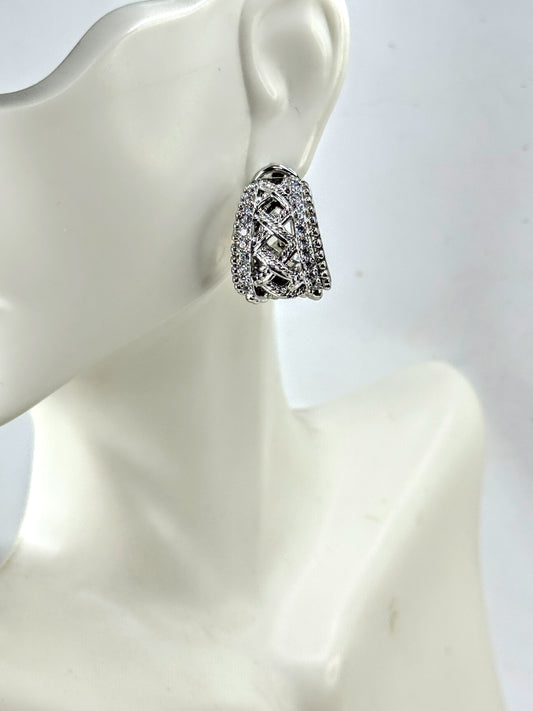 Vintage 925 Sterling Silver CZ Openwork Omega Clip Back Earrings Pair JR1697
