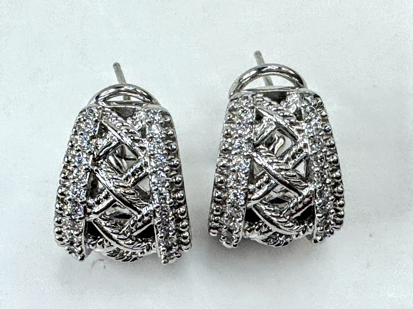 Vintage 925 Sterling Silver CZ Openwork Omega Clip Back Earrings Pair JR1697