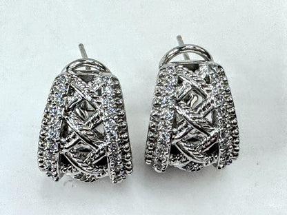 Vintage 925 Sterling Silver CZ Openwork Omega Clip Back Earrings Pair JR1697