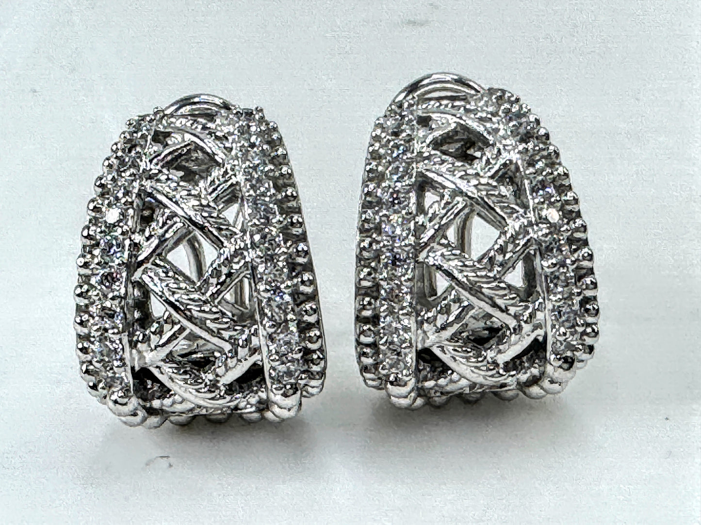 Vintage Judith Ripka Sterling Silver Pave CZ Wide Hoop Earrings JR1698